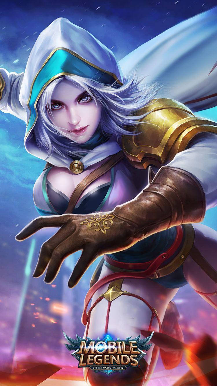 mobile legends logo 桌布 壁紙 — 一位兇猛的奇幻戰士，銀髮金甲，在充滿活力的宇宙背景下向前猛衝。