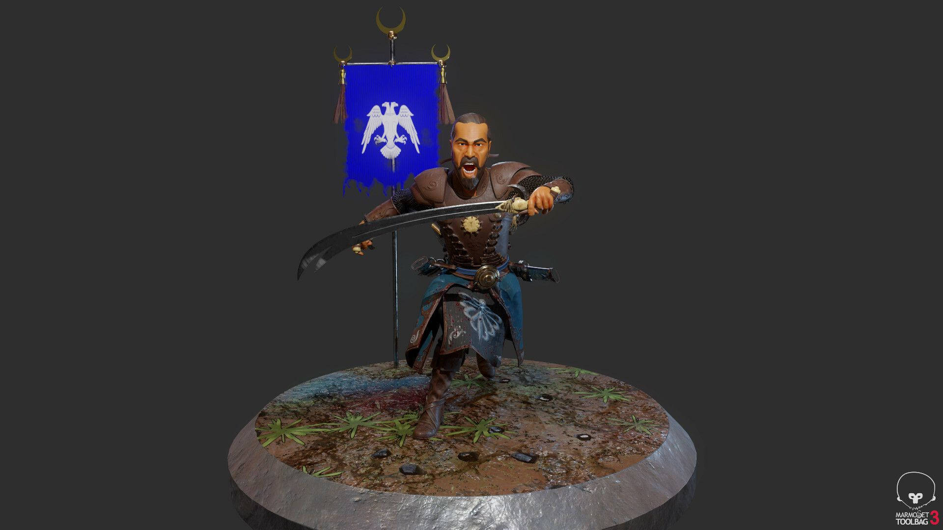 Ertugrul 桌布 壁紙 — 一位兇猛的奇幻戰士在藍色白鷹旗幟旁揮舞彎刀咆哮。