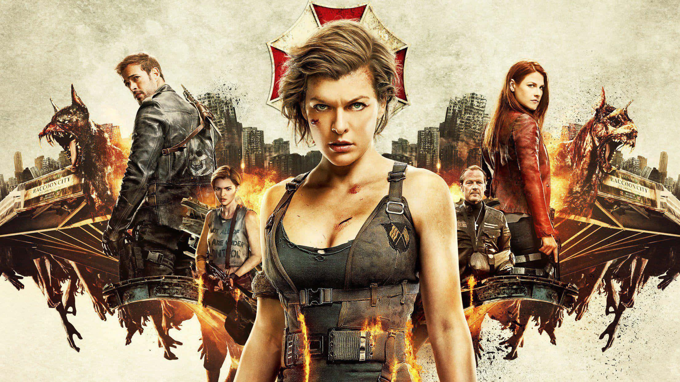 Resident Evil Characters 桌布 壁紙 — 一位兇猛的女主角站在舞台中央，身處火焰末日城市景觀中，周圍有怪物和武裝倖存者。