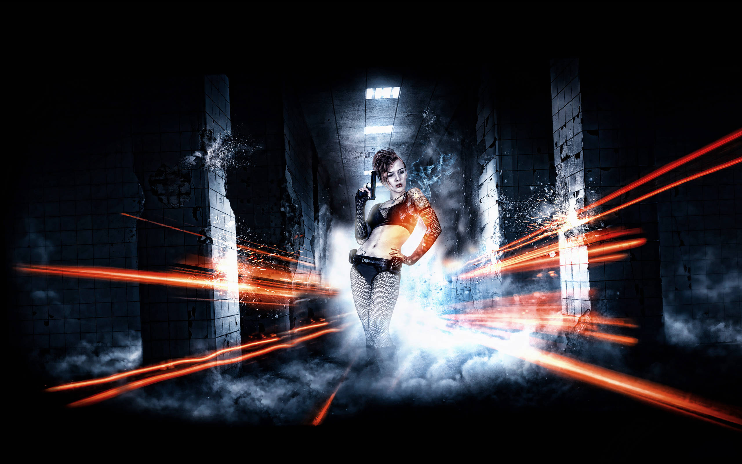 Battlefield 3 桌布 壁紙 — 一位兇猛的女人穿著未來主義服裝，站在黑暗的走廊中，周圍環繞著發光的紅色條紋和電藍色能量。