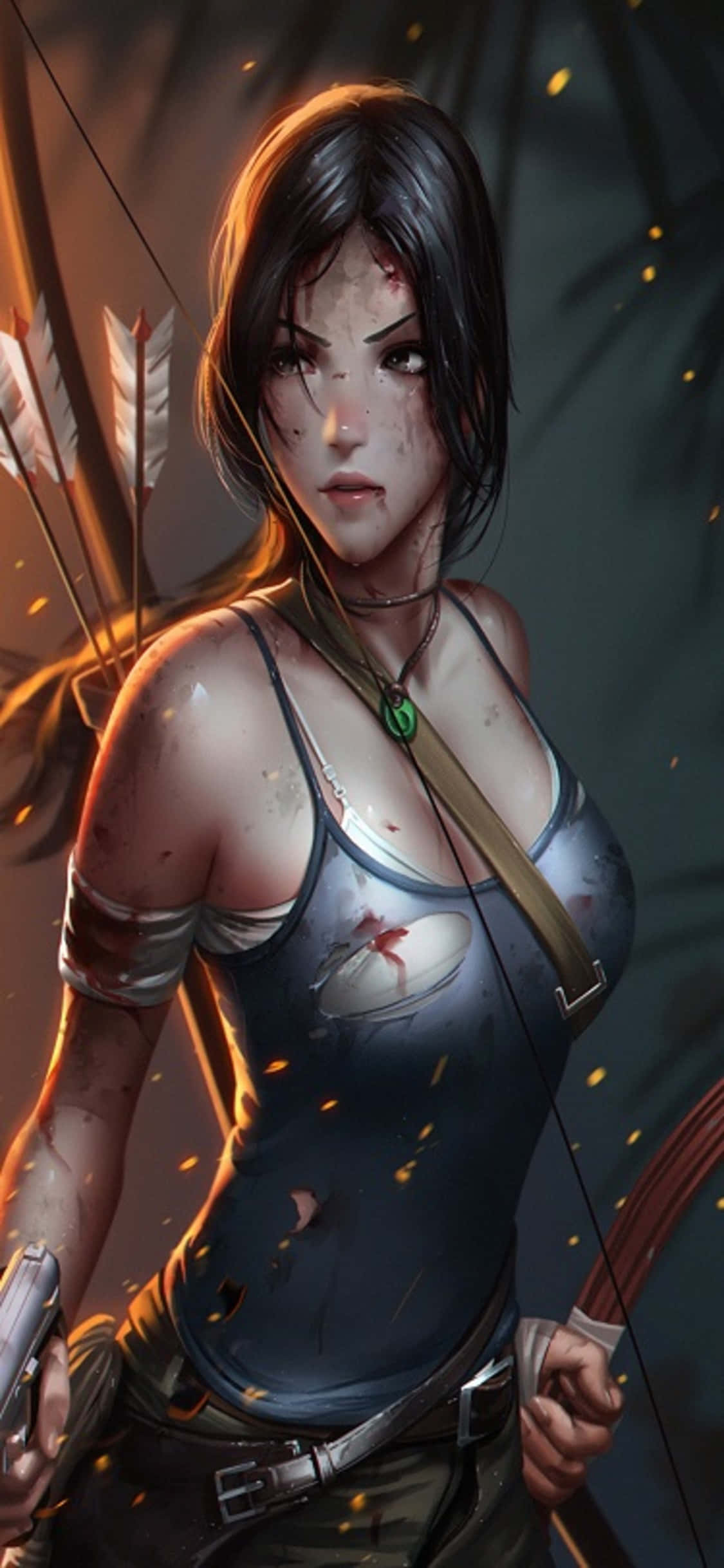 iPhone X Shadow Of The Tomb Raider 桌布 壁紙 — 一位兇猛的女冒險家，深色頭髮，臉上帶血，在叢林中手持弓箭，金色光線穿過樹葉。