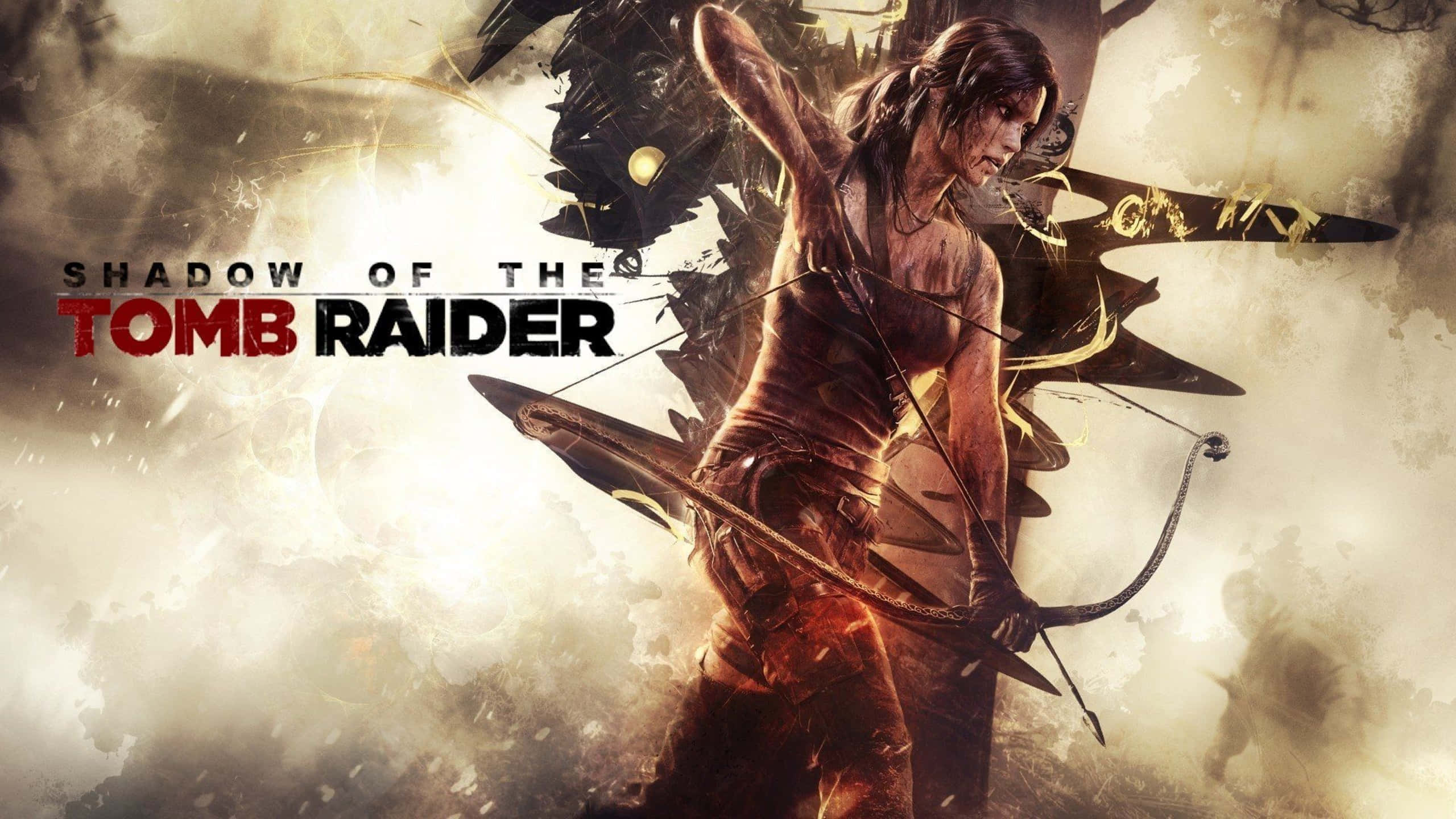 1440p Shadow Of The Tomb Raider 桌布 壁紙 — 一位兇猛的女冒險家在旋轉的灰塵和古代遺跡中，在明亮的陽光下拉弓。