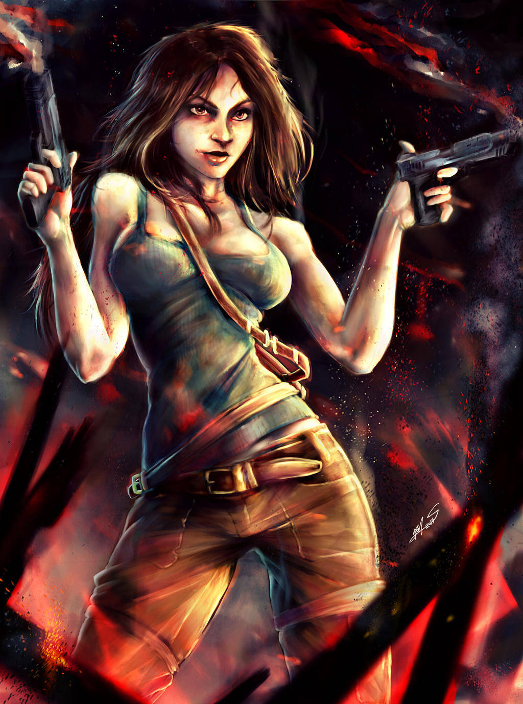 tomb raider iPhone 桌布 壁紙 — 一位兇猛的女冒險家在熾熱的紅色和黑色混亂中揮舞著兩把手槍，眼神堅定。