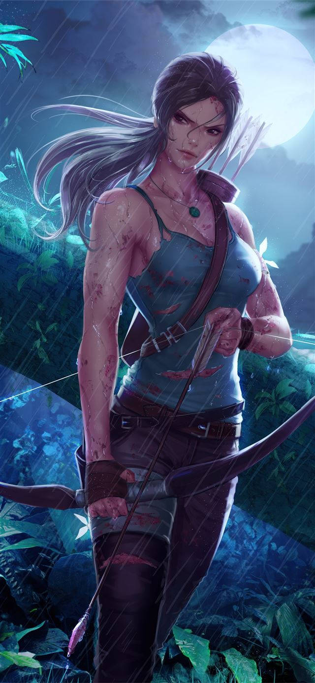 tomb raider iPhone 桌布 壁紙 — 一位兇猛的女冒險家手持弓箭，站在被雨水浸透的叢林中，腳下是一輪發光的月亮。