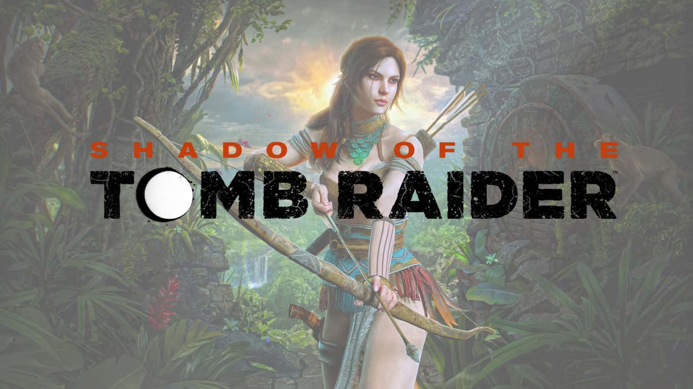 Lara Croft 桌布 壁紙 — 一位兇猛的女冒險家站在茂密的叢林中，手持弓箭，身後有瀑布和古老遺跡。