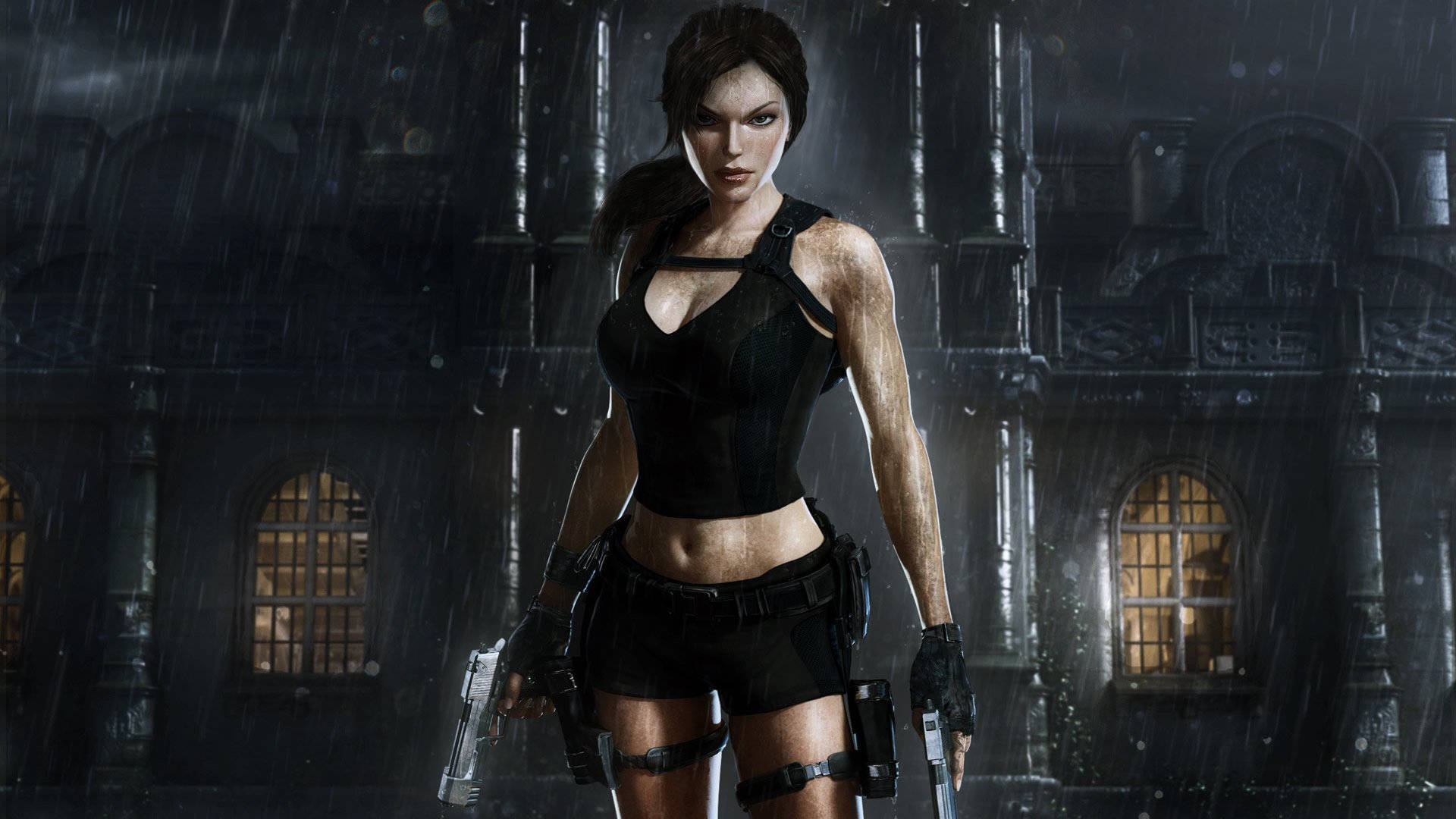 Tomb Raider Game 桌布 壁紙 — 一位兇猛的女冒險家站在雨中，在帶有發光窗戶的哥德式建築前手持手槍。