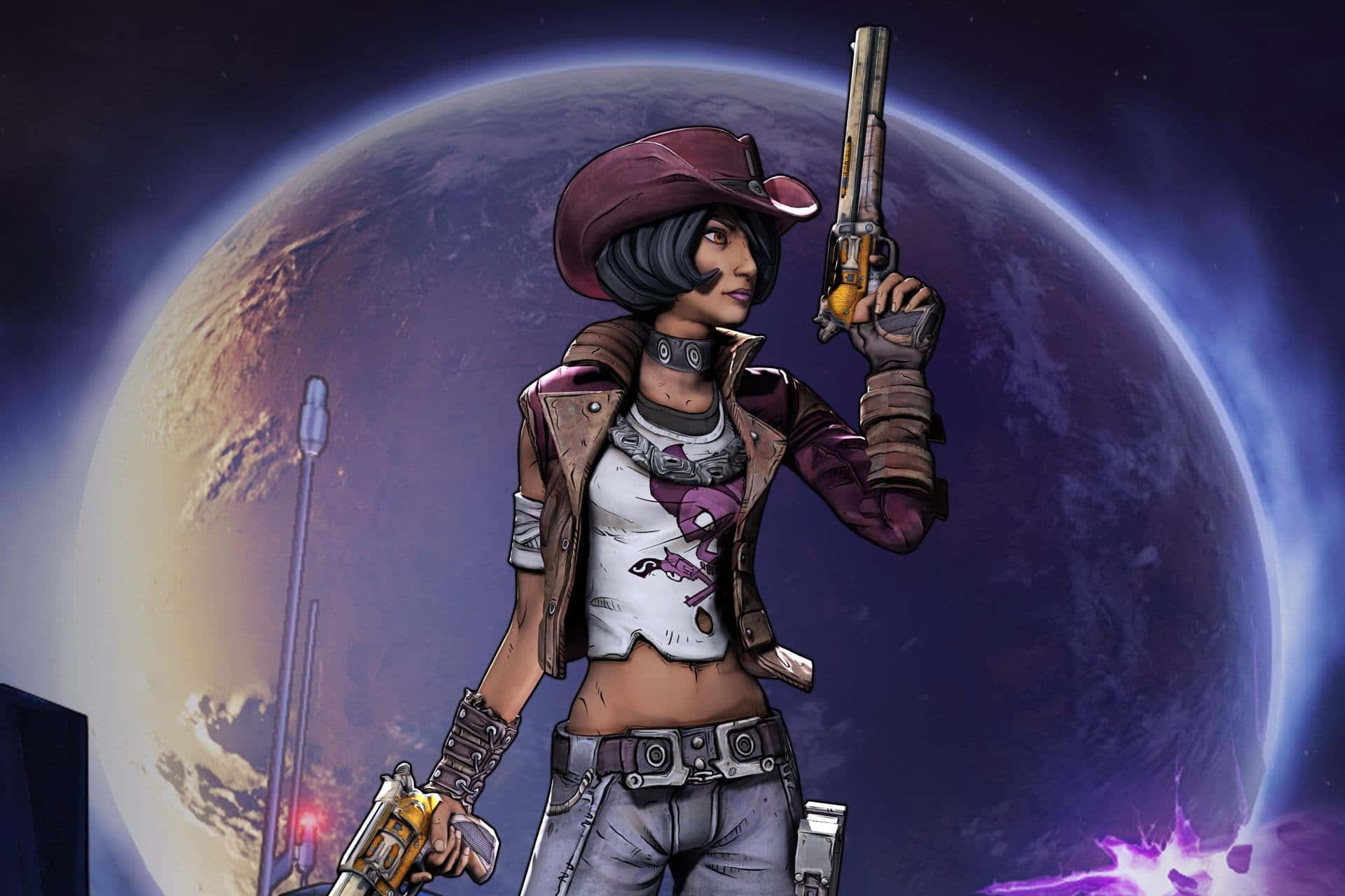 Borderlands 桌布 壁紙 — 一位兇猛的女太空牛仔手持兩把手槍，背景是巨大的發光行星和星空。