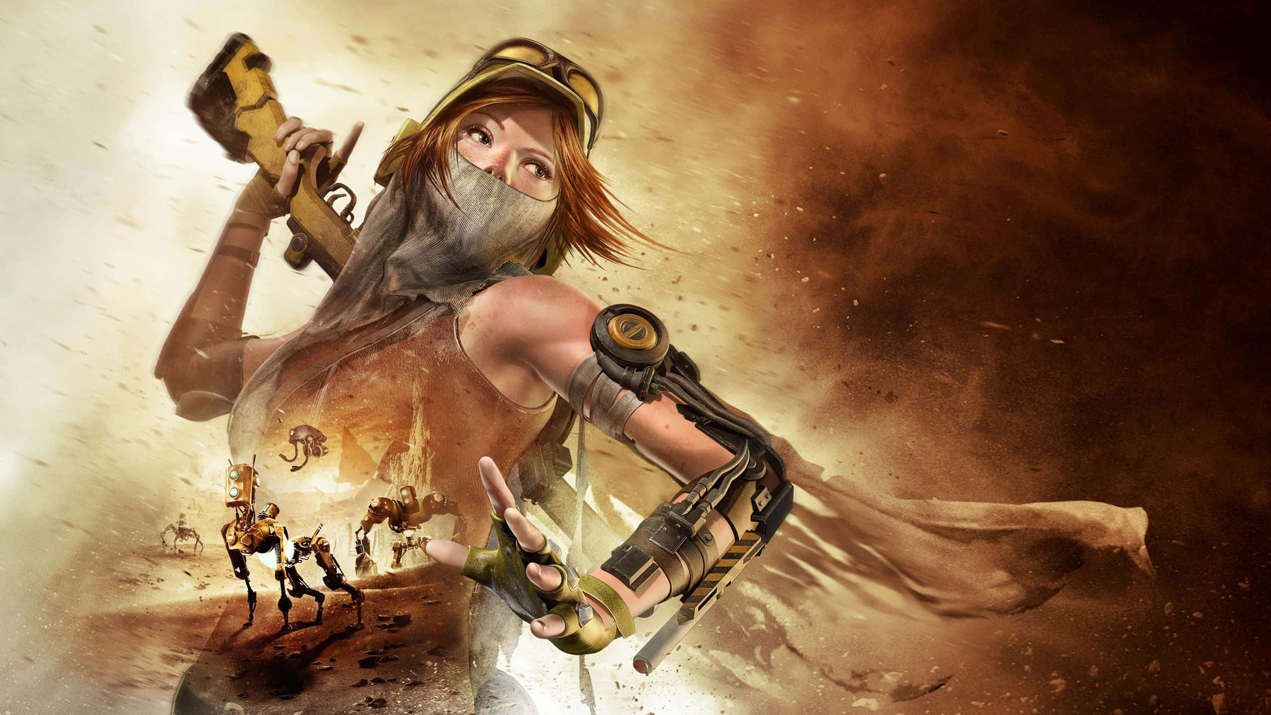 Xbox Games 桌布 壁紙 — 一位兇猛的女戰士，擁有機械手臂和圍巾，在旋轉的沙漠風暴中揮舞著錘子，下方有機器人敵人。