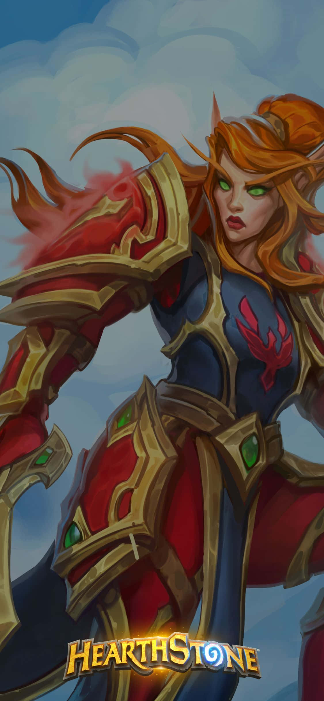 hearthstone phone 桌布 壁紙 — 一位兇猛的女戰士，擁有火紅色的橙色頭髮和發光的綠色眼睛，身穿華麗的紅色和金色盔甲，站在多雲的天空下。