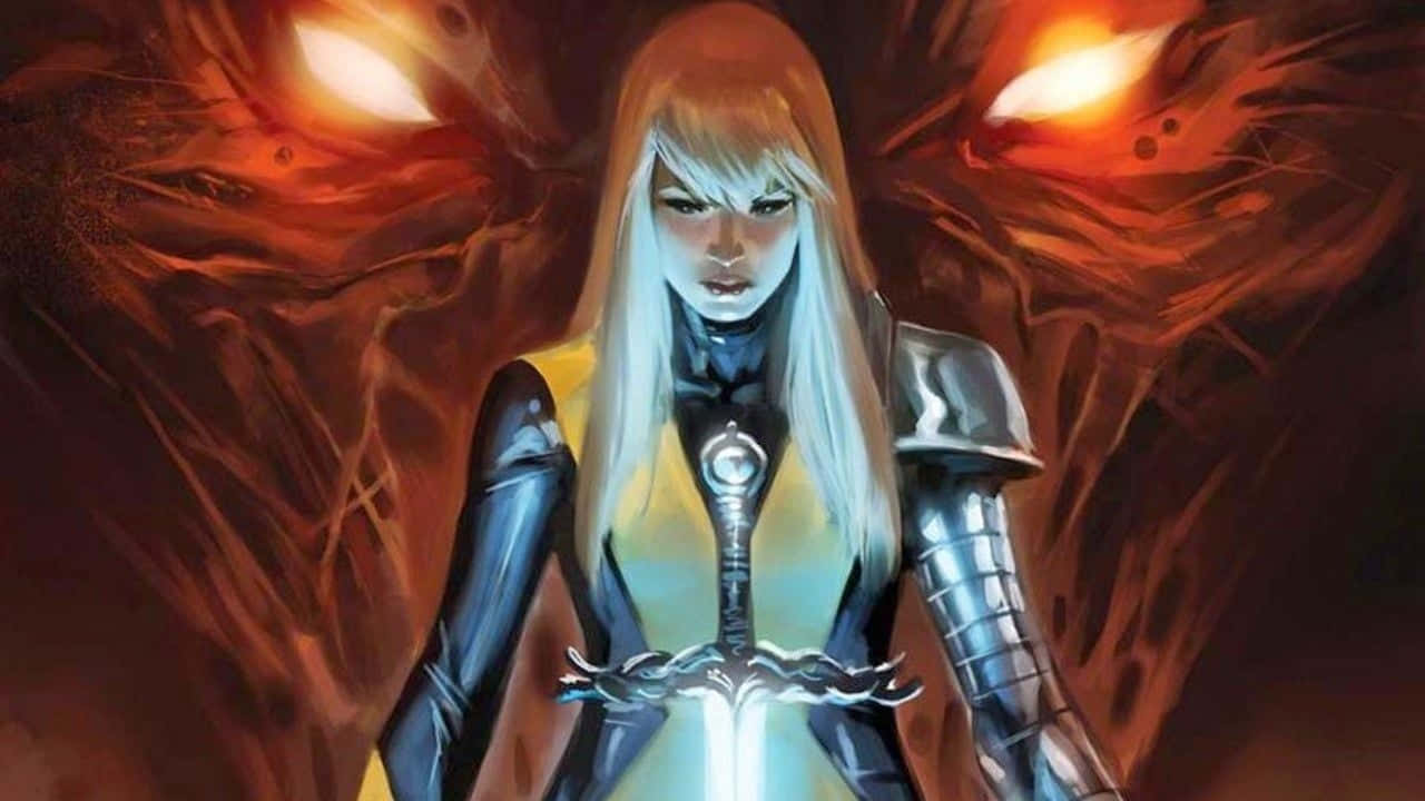 New Mutants 桌布 壁紙 — 一位兇猛的女戰士，擁有發光的白色頭髮和盔甲，在火焰惡魔背景下手持光芒四射的劍。