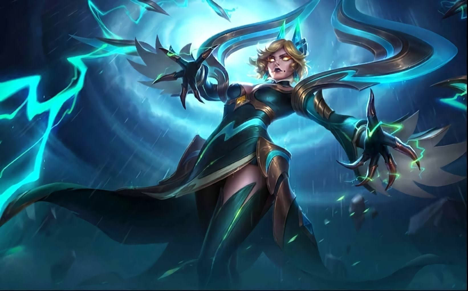 heroes 桌布 壁紙 — 一位兇猛的女戰士，擁有發光的眼睛和閃電爪子，站在暴風雨般的藍色能量和雨中。