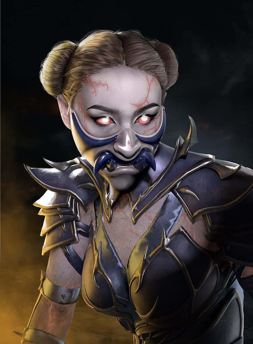 Mortal Kombat Kitana 桌布 壁紙 — 一位兇猛的女戰士，擁有發光的紅色眼睛和華麗的暗色盔甲，在煙霧繚繞的背景中凝視著。