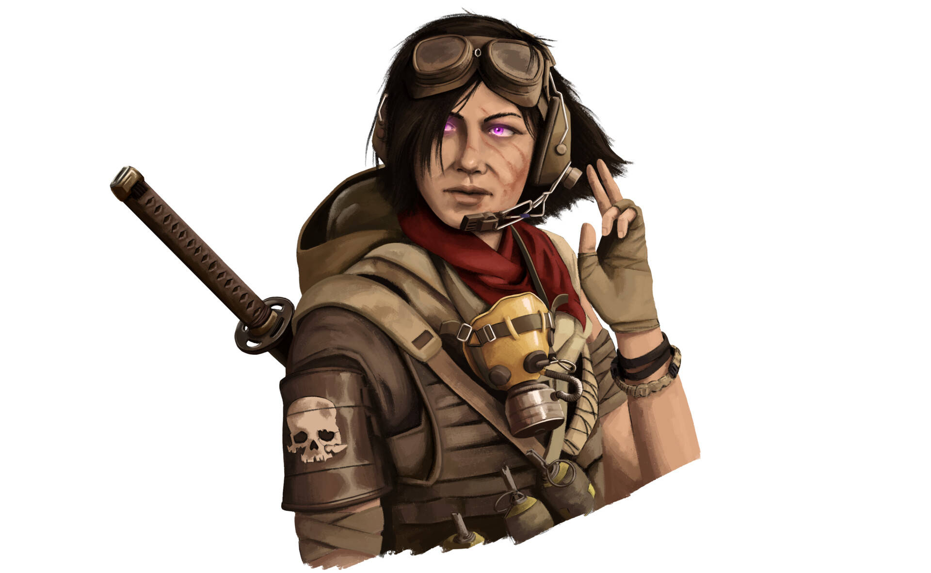 Maxis 桌布 壁紙 — 一位兇猛的女戰士，擁有發光的紫色眼睛和一把武士刀，戴著護目鏡和骷髏補丁，比出和平手勢。