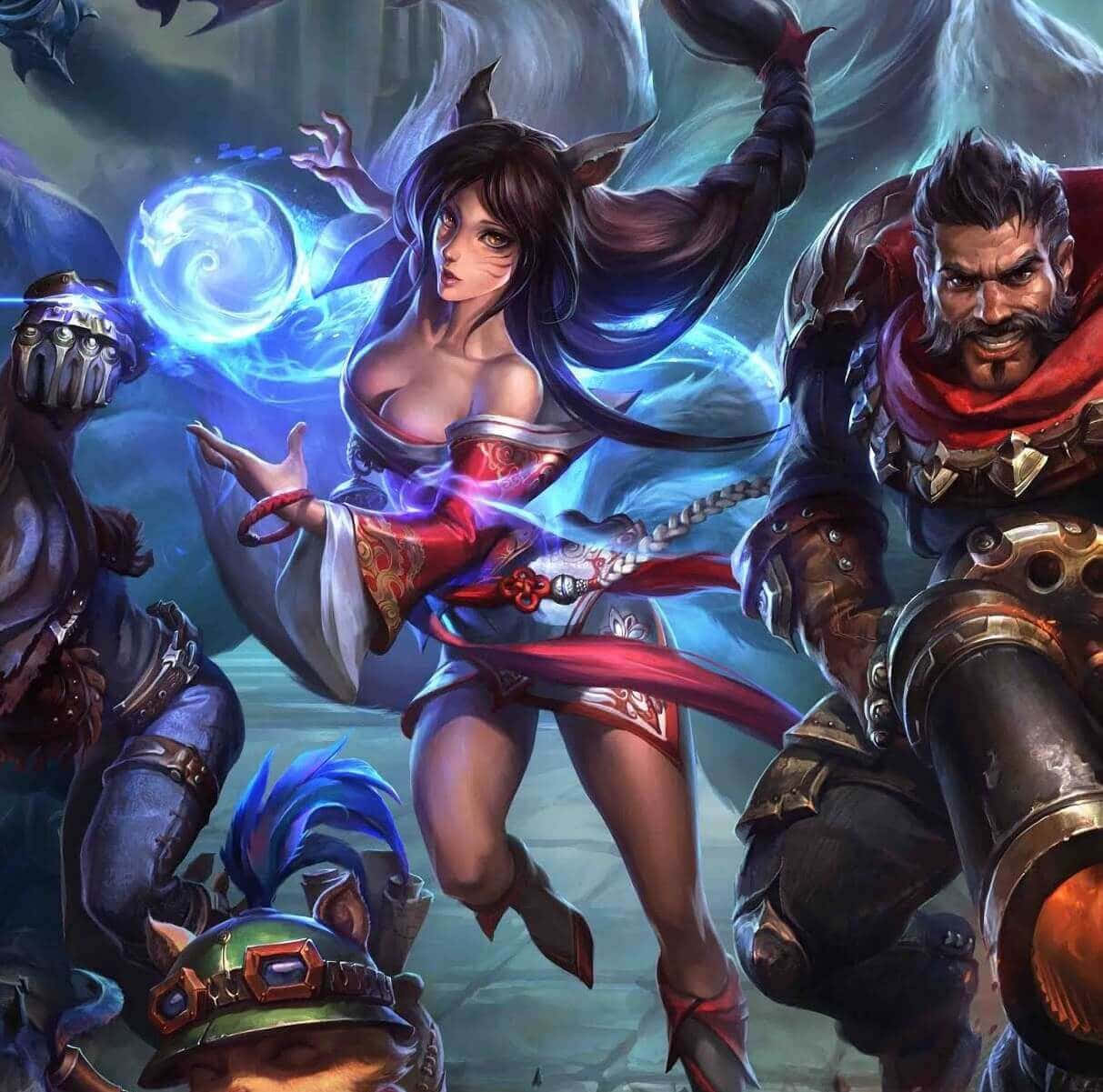 Best League Of Legends 桌布 壁紙 — 一位兇猛的女戰士，擁有發光的藍色魔法和飄逸的深色頭髮，站在中央，周圍是身穿盔甲的盟友，構成一個動態的奇幻戰鬥場景。
