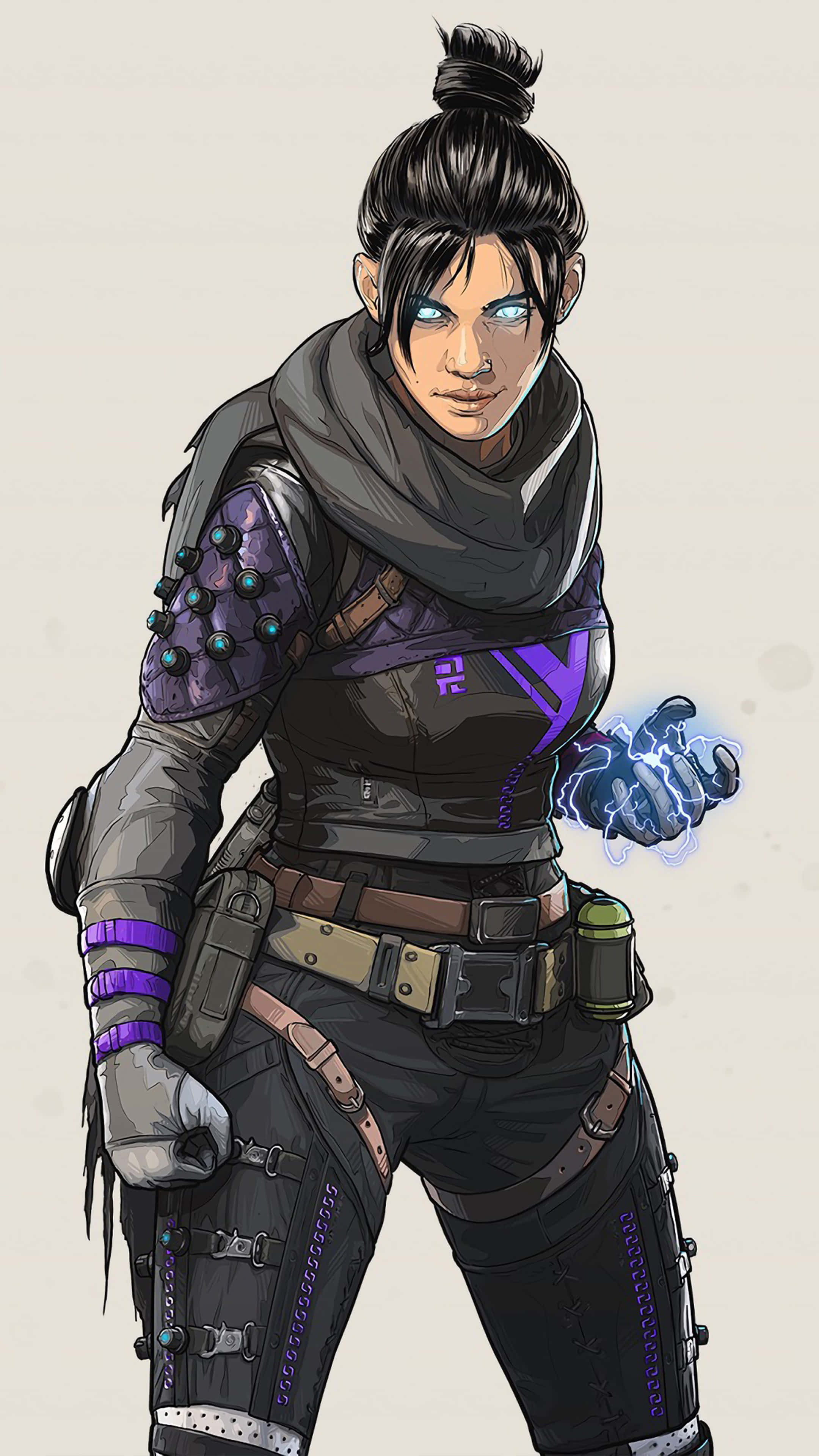 Pixel 3 Apex Legends 桌布 壁紙 — 一位兇猛的女戰士，擁有發光的藍色眼睛和從手中噼啪作響的紫色能量，穿著戰術裝備站在純色背景前。