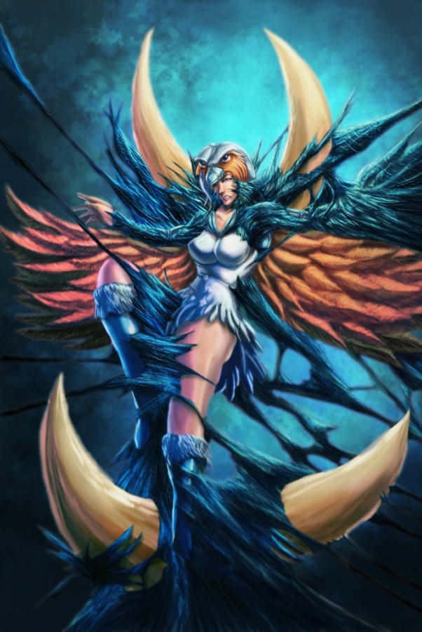 Masters Of Evil 桌布 壁紙 — 一位兇猛的女戰士，擁有藍色和橙色的羽毛翅膀和帶角頭盔，站在深藍綠色的暴風雨天空下。