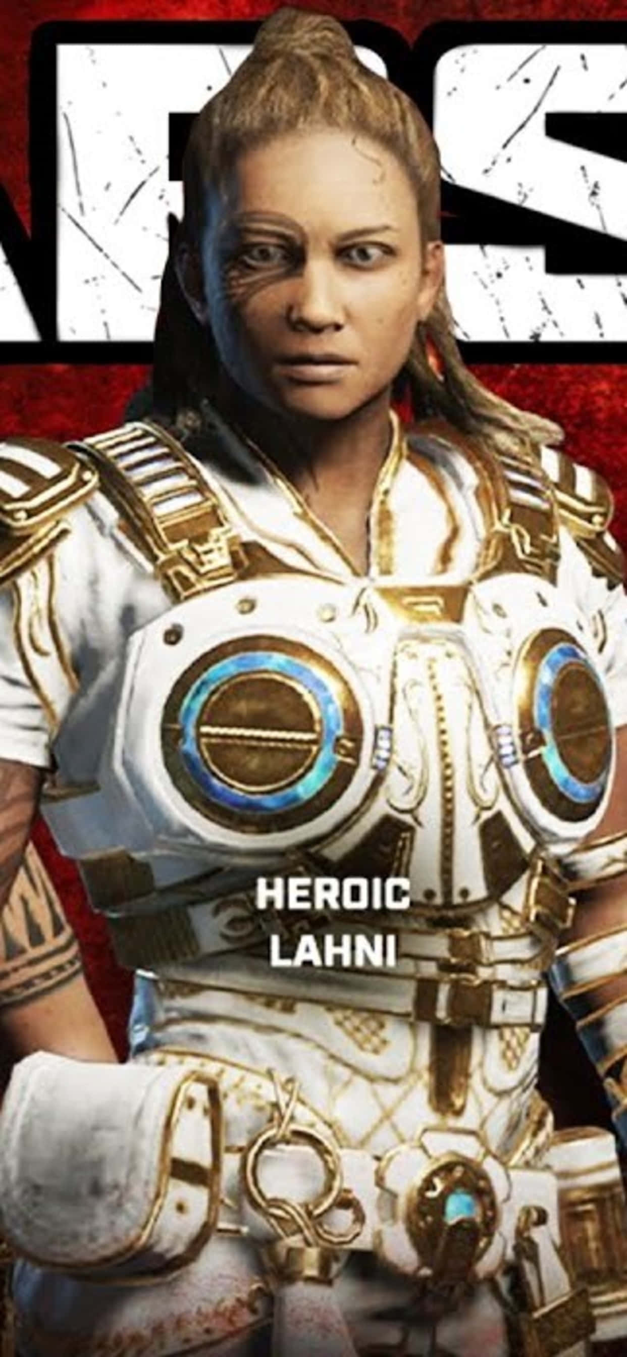 iPhone Xs Max Gears Of War 5 桌布 壁紙 — 一位兇猛的女戰士，身穿華麗的白色和金色盔甲，帶有發光的藍色點綴，在裂開的紅色和白色背景前凝視著。