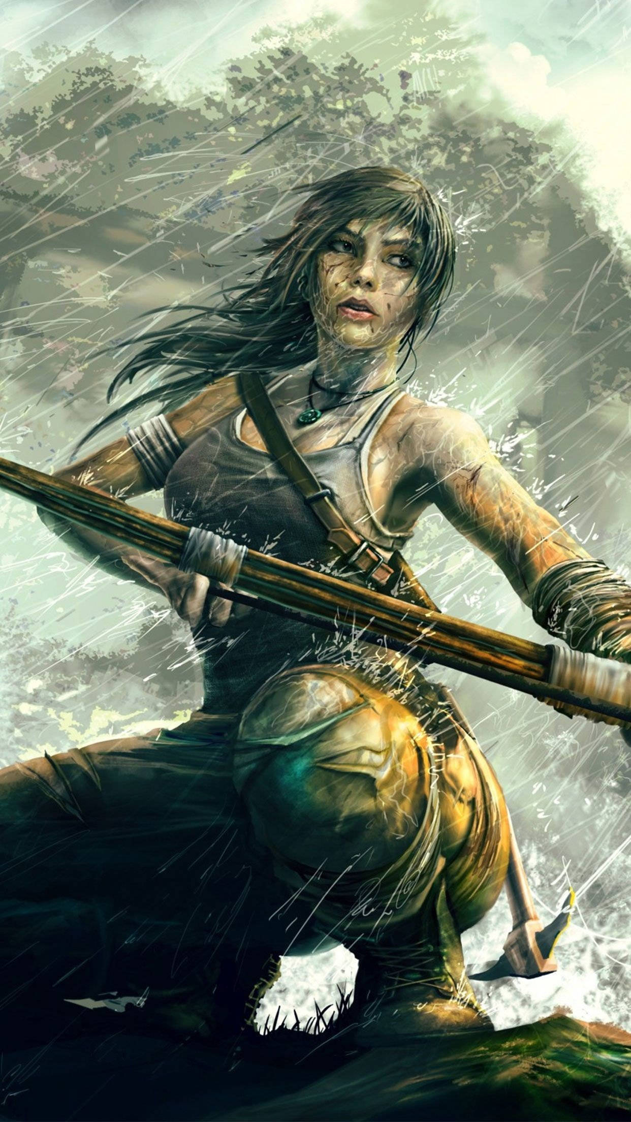 Tomb Raider Game 桌布 壁紙 — 一位兇猛的女戰士，長長的黑髮，在霧氣瀰漫的森林中揮舞長矛穿過大雨。