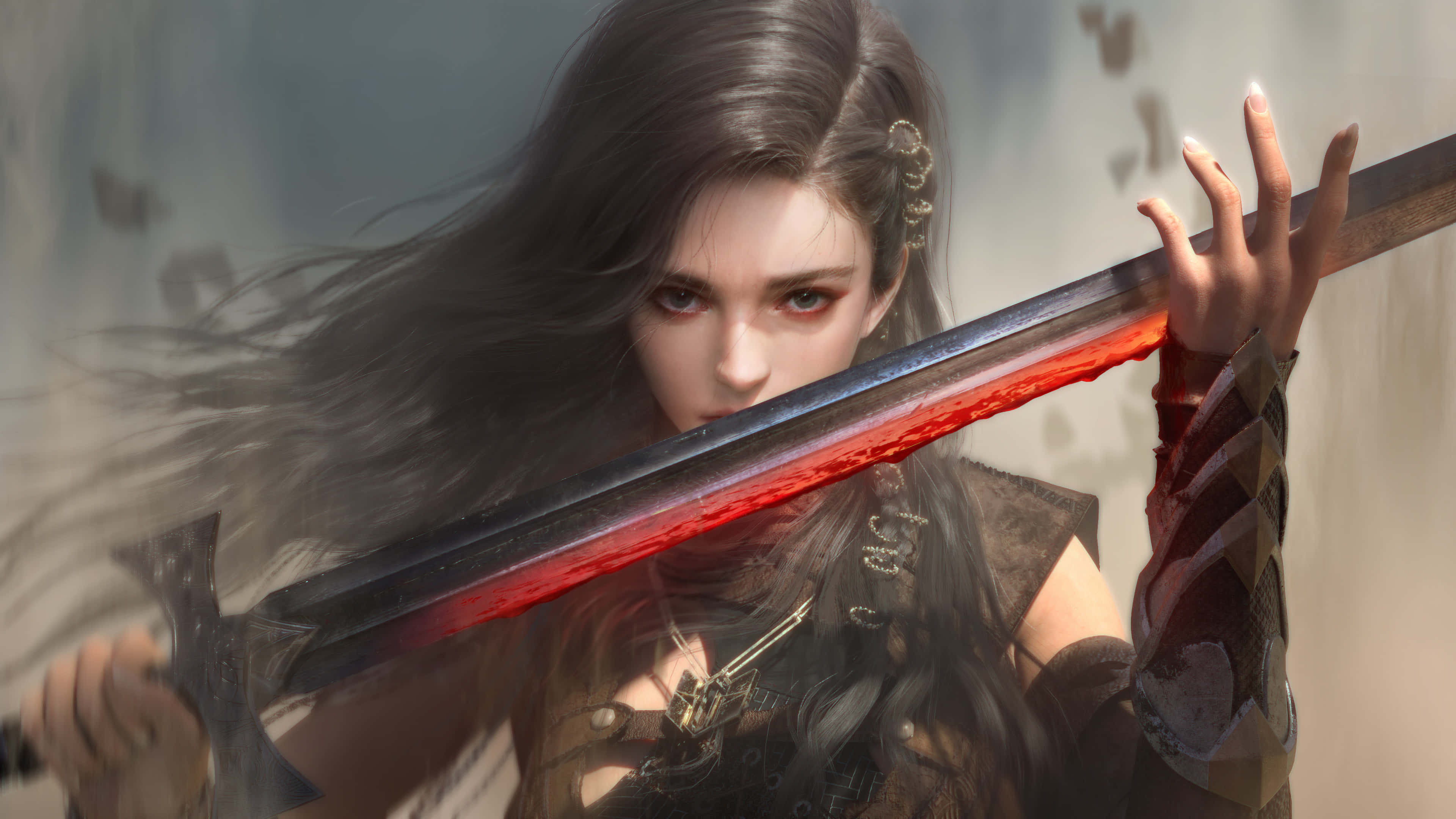 Warrior 桌布 壁紙 — 一位兇猛的女戰士，飄逸的深色頭髮，握著一把發光的紅色劍，她銳利的目光穿透迷霧籠罩的戰場。