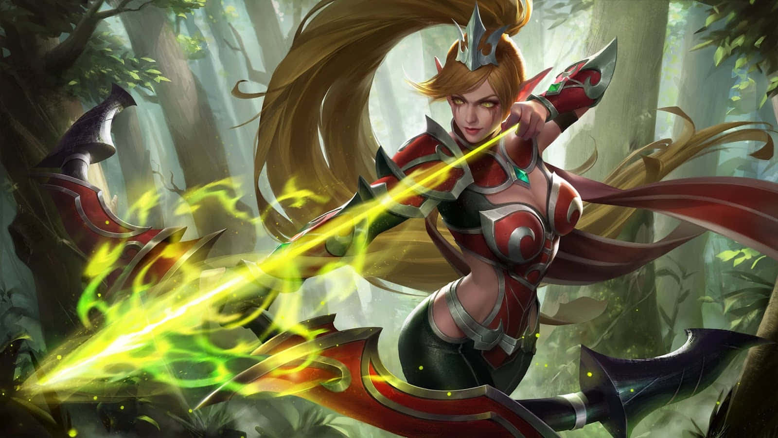 Mobile Legends 動態圖 桌布 壁紙 — 一位兇猛的女戰士，飄逸的金色長髮，在迷霧森林中揮舞著發光的黃色能量劍。