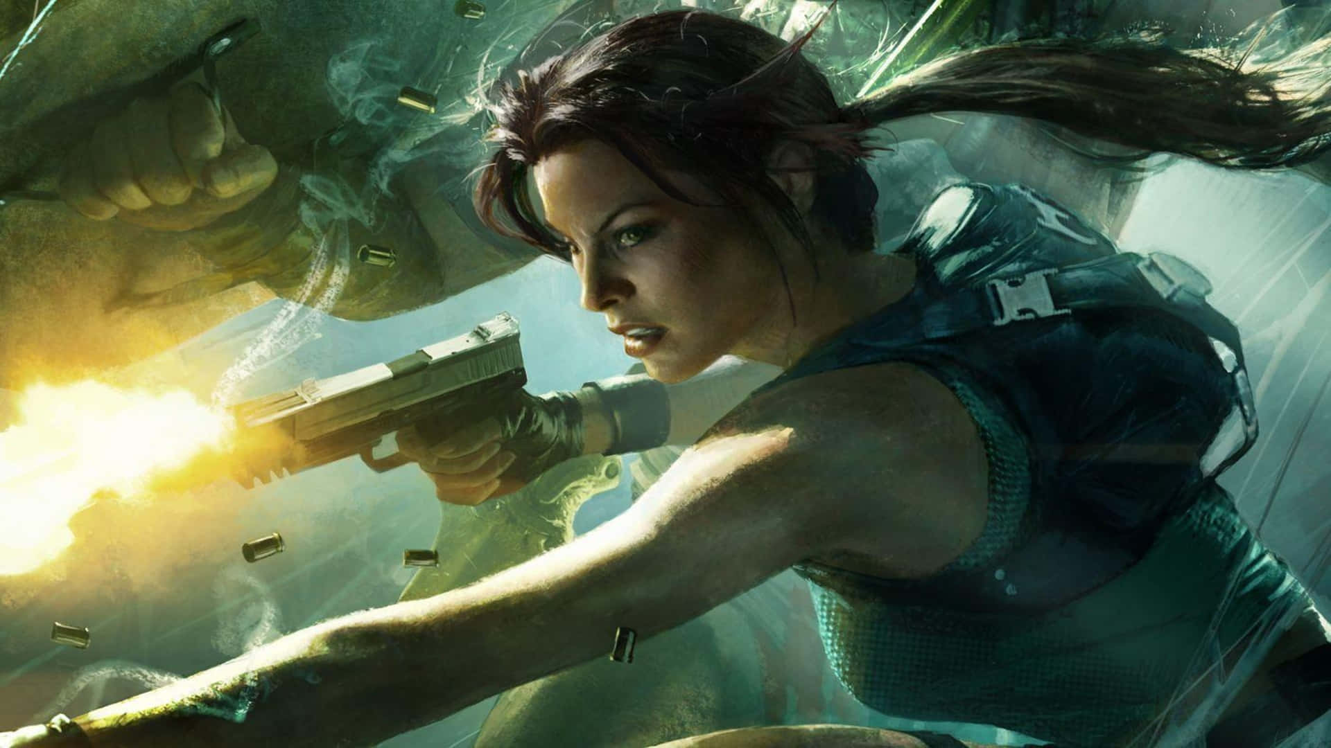 1080p Shadow Of The Tomb Raider 桌布 壁紙 — 一位兇猛的女戰士在動態的動作場景中開槍射擊，子彈飛舞，槍口閃光發亮。
