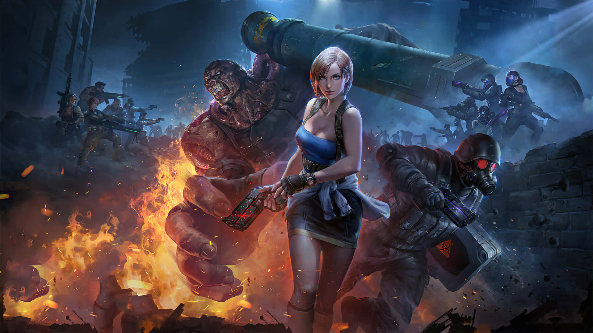 All Games 桌布 壁紙 — 一位兇猛的女戰士在烈焰混亂中挑釁地站立，而怪物般的殭屍和武裝士兵在廢墟般的城市戰場上衝突。