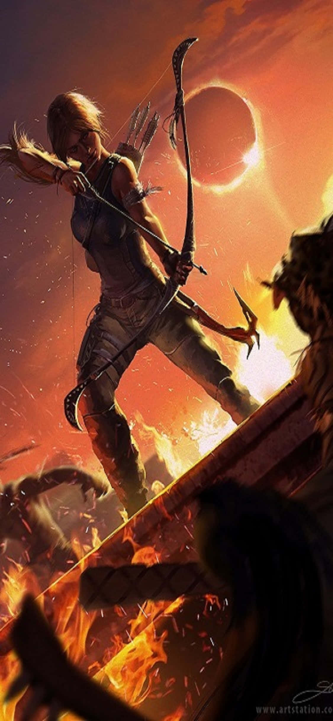 iPhone X Shadow Of The Tomb Raider 桌布 壁紙 — 一位兇猛的女戰士在熾熱的地獄中，在熾熱的日食下拉弓對抗怪物般的敵人。