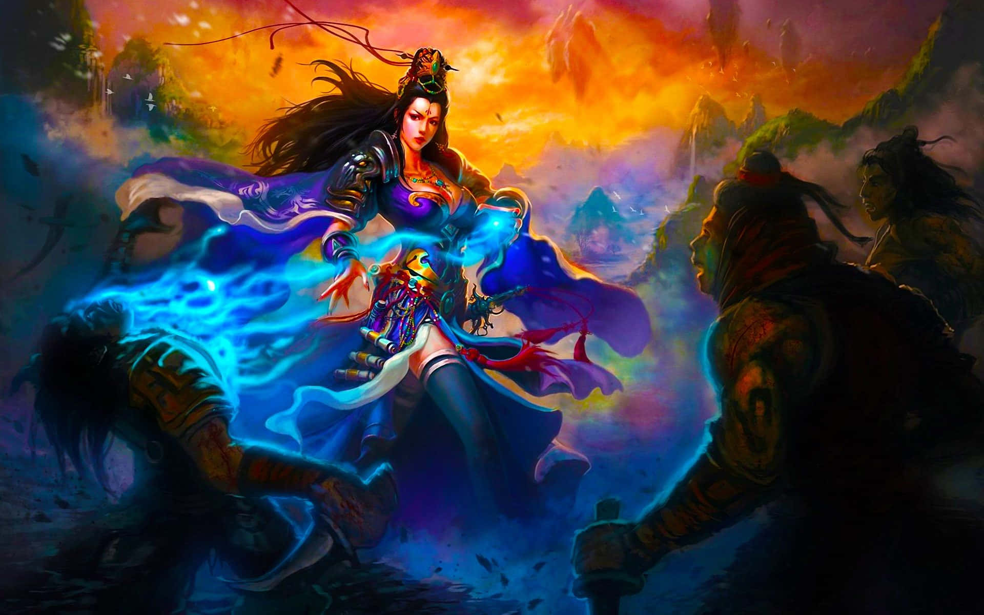 wizard 桌布 壁紙 — 一位兇猛的女戰士在熾熱的夕陽天空下，引導發光的藍色魔法對抗裝甲敵人。