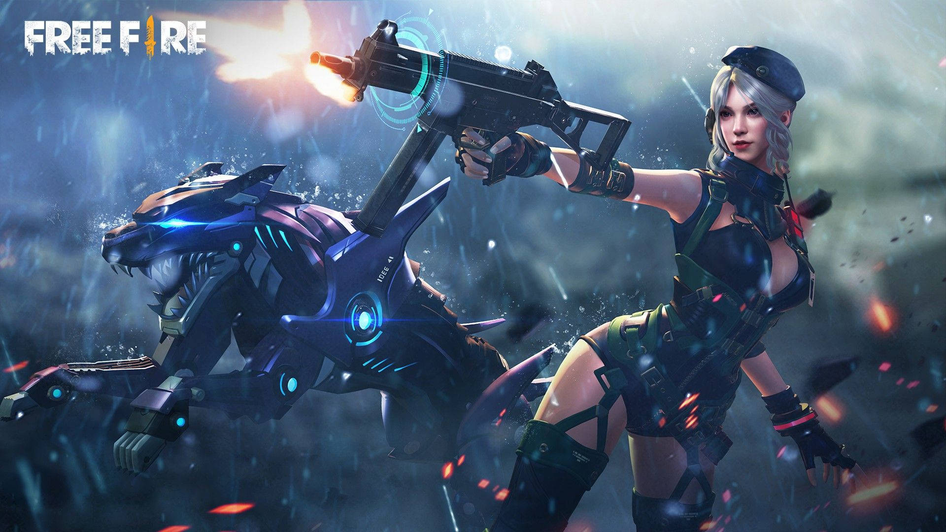 Free Fire 桌布 壁紙 — 一位兇猛的女戰士在雨中的霓虹燈戰鬥場景中，在機械老虎旁邊發射發光武器。