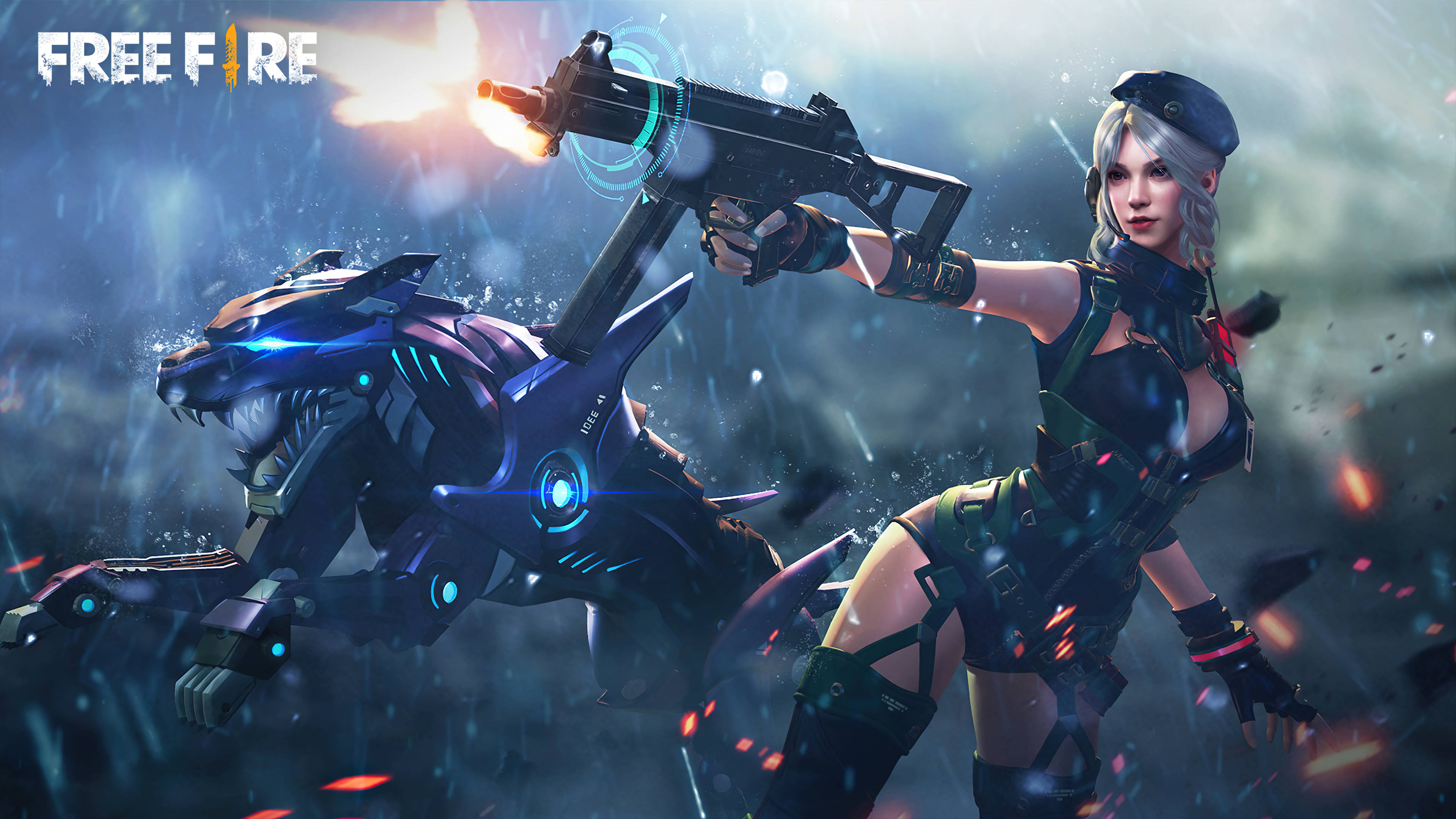 free fire bundle 桌布 壁紙 — 一位兇猛的女戰士在風暴中、霓虹燈閃爍的戰場上，在機械老虎旁邊發射發光武器。