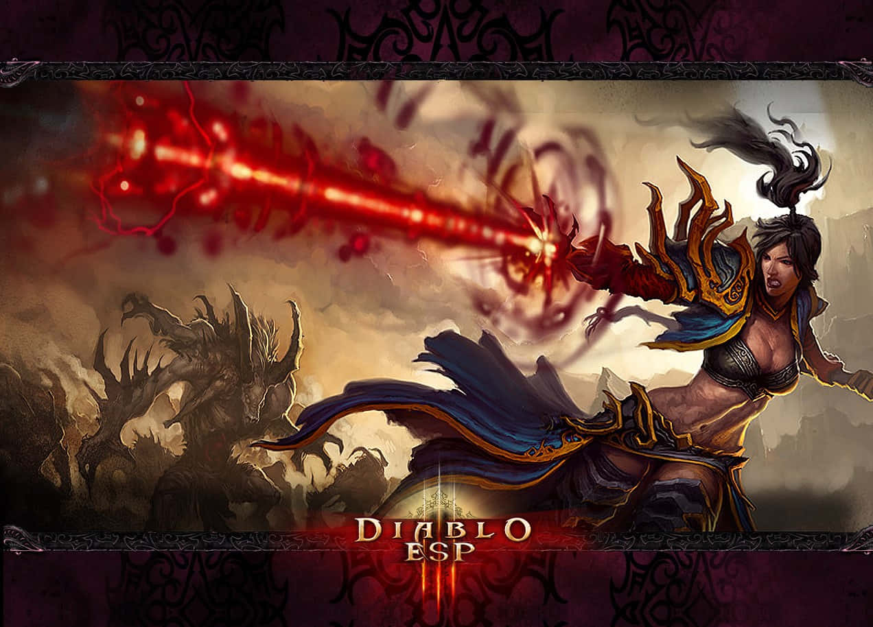 wizard 桌布 壁紙 — 一位兇猛的女戰士在黑暗奇幻戰鬥場景中，向一頭 monstrous 惡魔釋放出熾熱的紅色能量光束。