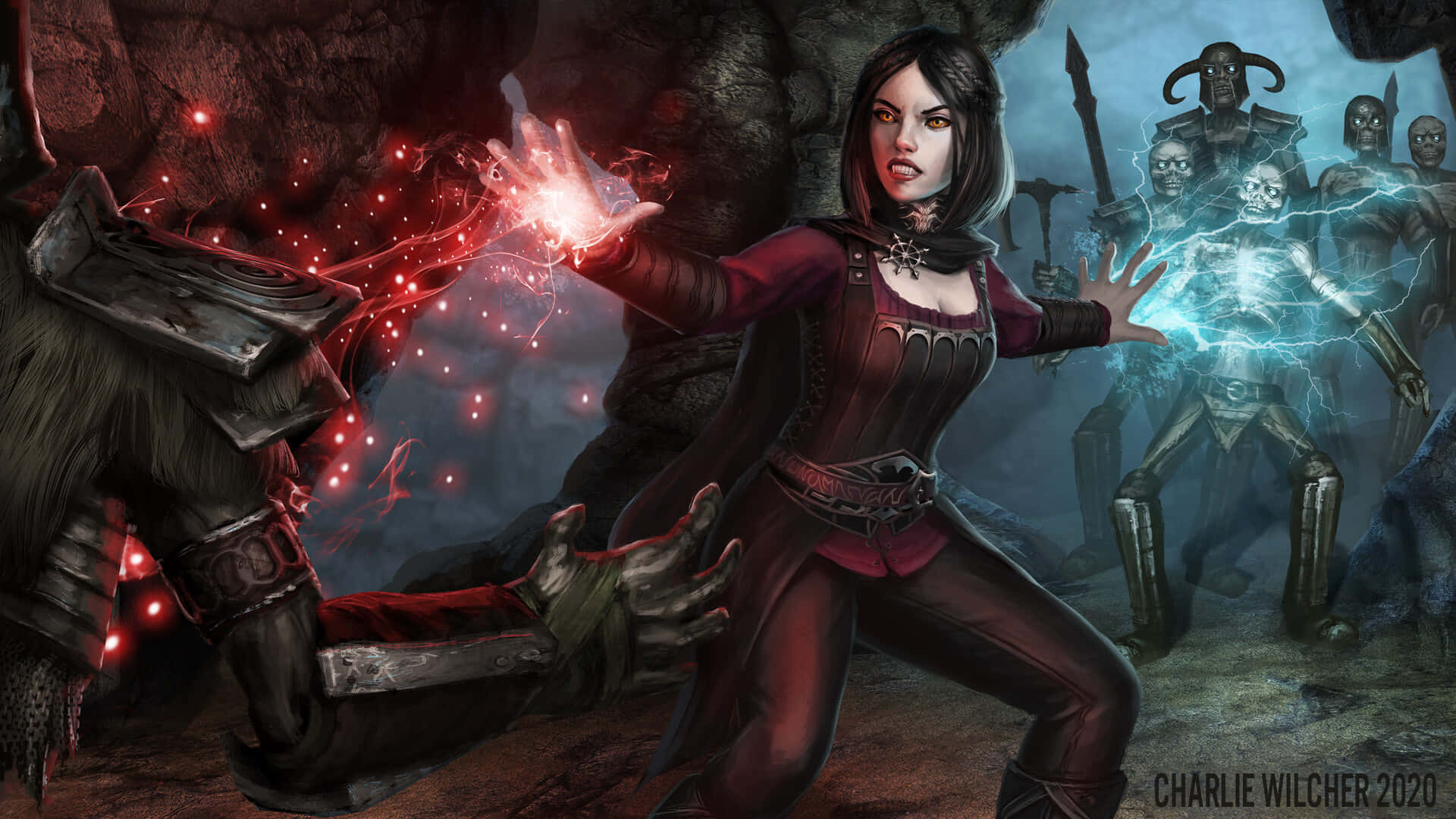 Skyrim Serana 桌布 壁紙 — 一位兇猛的女戰士在黑暗洞穴中對抗裝甲敵人，釋放紅色魔法，同時發光的藍色能量包圍著一個骷髏敵人。