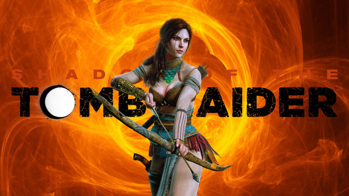 Lara Croft 桌布 壁紙 — 一位兇猛的女戰士手持弓箭，背景是旋轉的熾熱橙色，並帶有「Shadow of the Tomb Raider」文字。