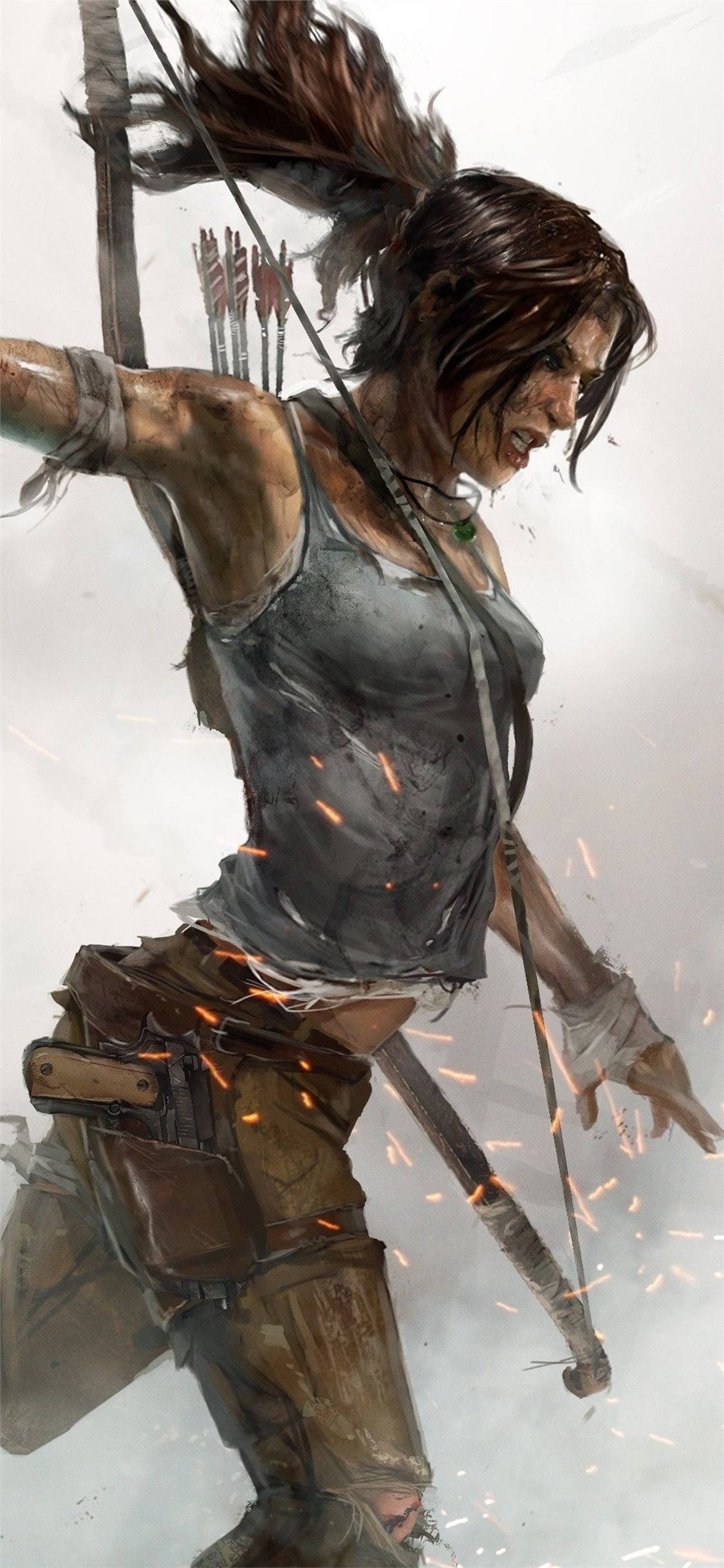 tomb raider iPhone 桌布 壁紙 — 一位兇猛的女戰士手持弓箭向前衝刺，火花在她周圍飛舞，呈現出動態的動作姿勢。