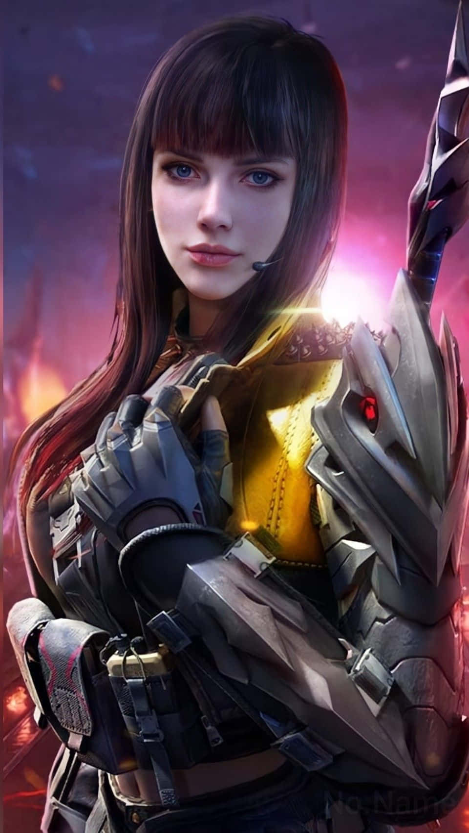 Call Of Duty Mobile 桌布 壁紙 — 一位兇猛的女戰士穿著精細的未來風格盔甲，在發光的紫色和橙色戰場背景下準備就緒。