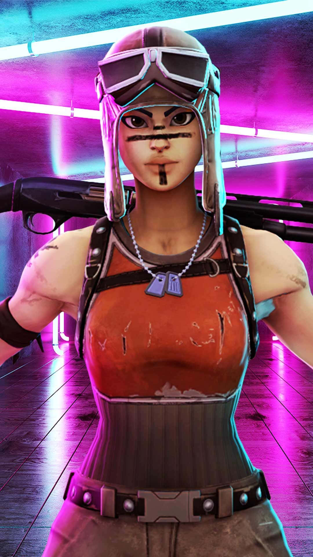 Ruby Fortnite Skin 桌布 壁紙 — 一位兇猛的女戰士身穿未來裝備，自信地站在一條閃爍著粉紅和藍色霓虹燈的走廊中。