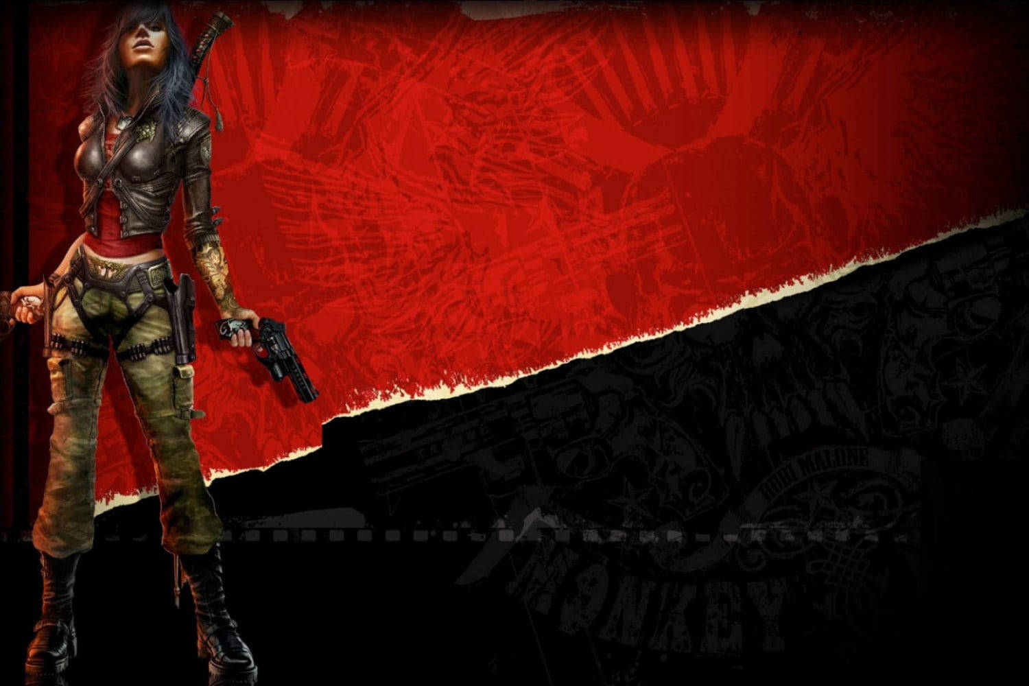 Black And Red Gaming 桌布 壁紙 — 一位兇猛的女戰士身穿皮革和迷彩裝備，手持手槍，背景是分裂的紅色和黑色，帶有粗糙的紋理。