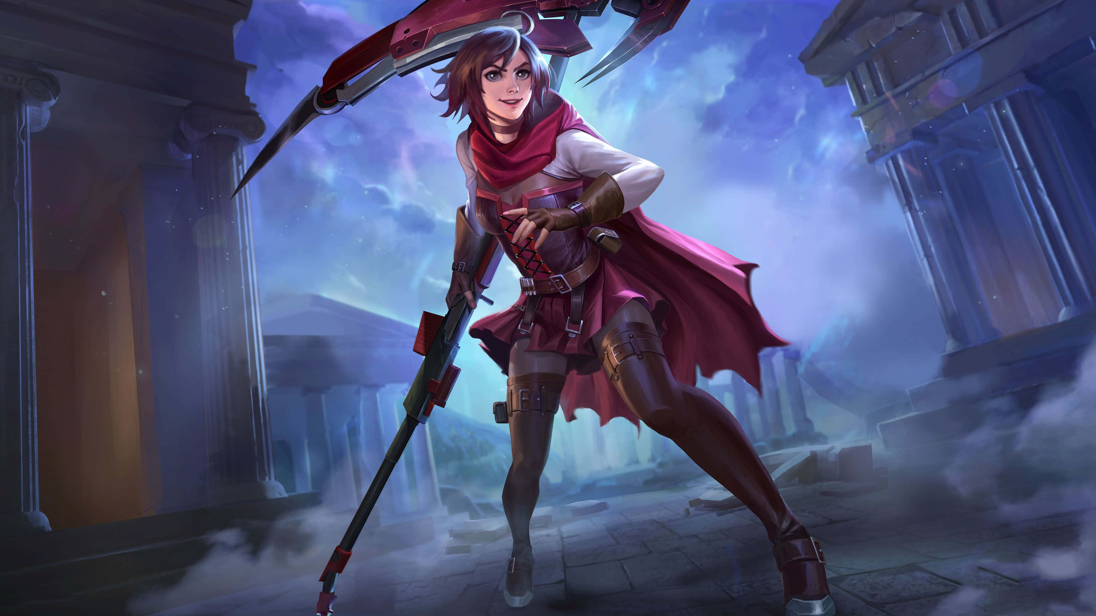 Smite 桌布 壁紙 — 一位兇猛的女戰士身穿紅色斗篷和盔甲，在暴風雨黃昏的天空下，於古老的石頭廢墟中揮舞著一把大鐮刀。