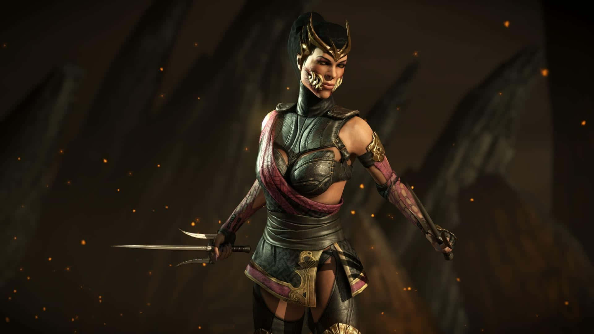Mortal Kombat Mileena 桌布 壁紙 — 一位兇猛的女戰士身穿華麗盔甲，在黑暗岩石背景下揮舞匕首，周圍漂浮著發光的餘燼。