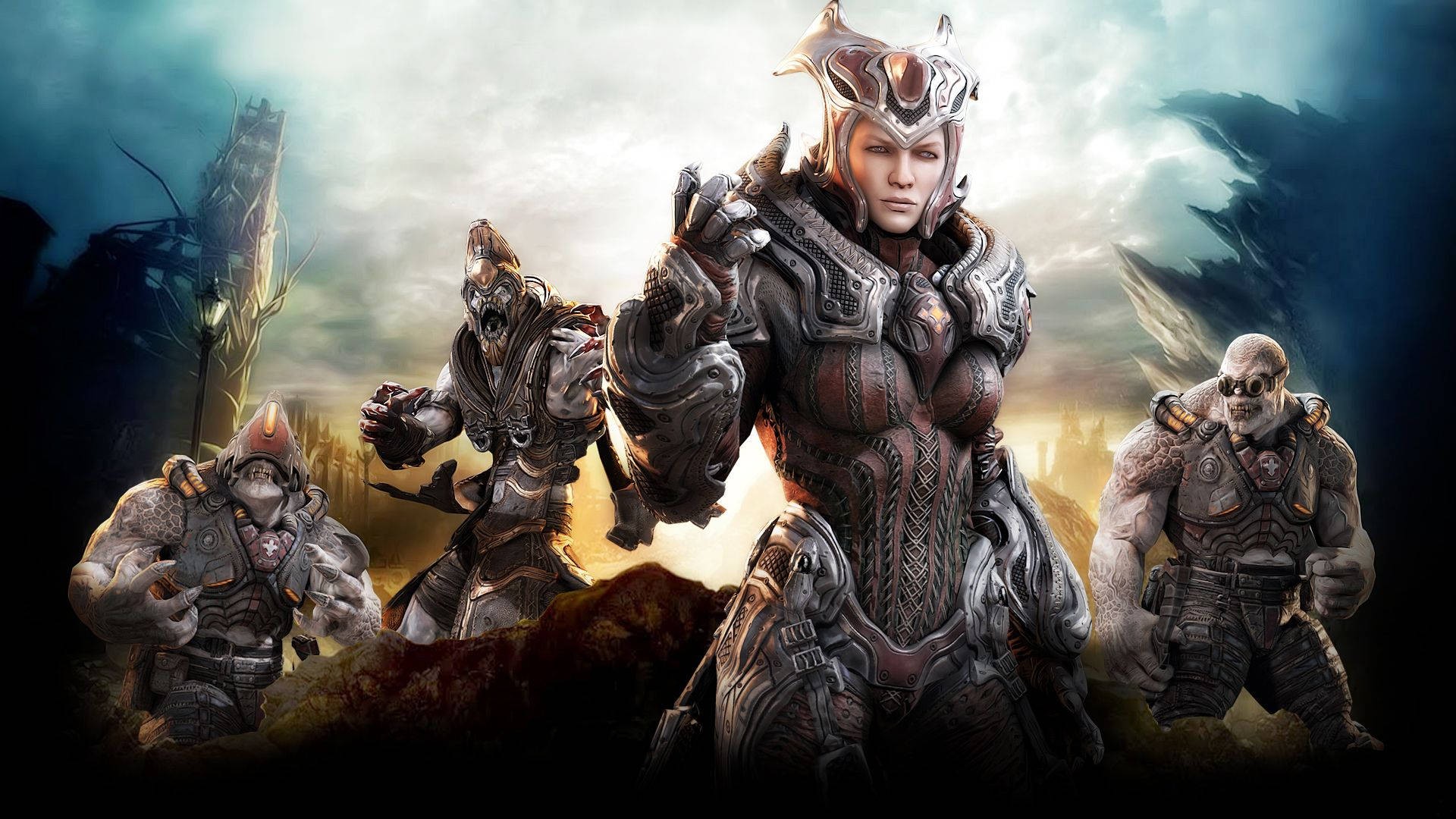 Gears 5 桌布 壁紙 — 一位兇猛的女戰士身穿華麗盔甲，與三個怪物盟友站在暴風雨暮色天空下。