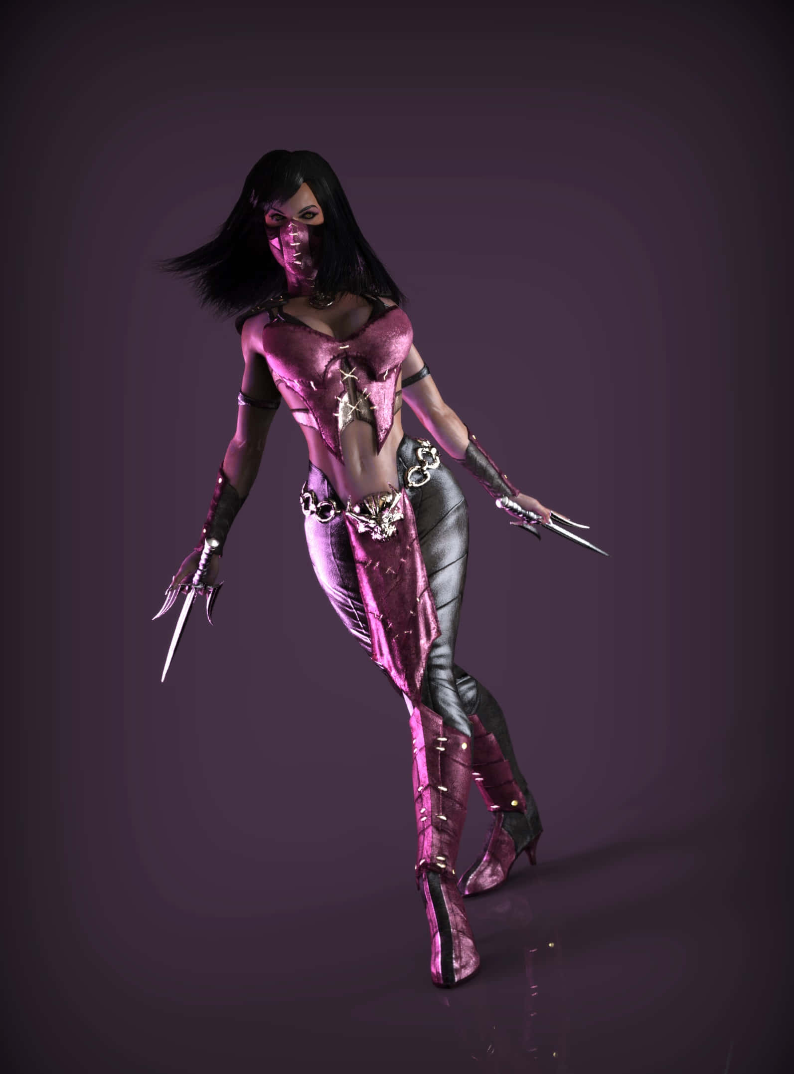 Mortal Kombat Mileena 桌布 壁紙 — 一位兇猛的女戰士身穿金屬粉紅和銀色盔甲，在深紫色工作室背景下揮舞利爪和匕首。