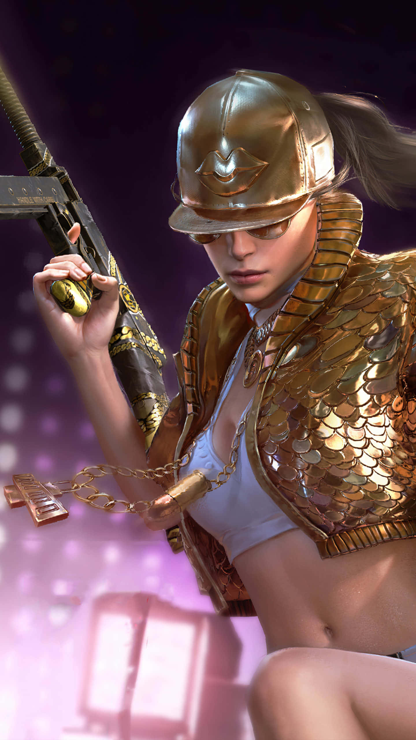 遊戲 桌布 壁紙 — 一位兇猛的女戰士身穿金色盔甲和頭盔，手持裝飾步槍，背景是發光的紫色。
