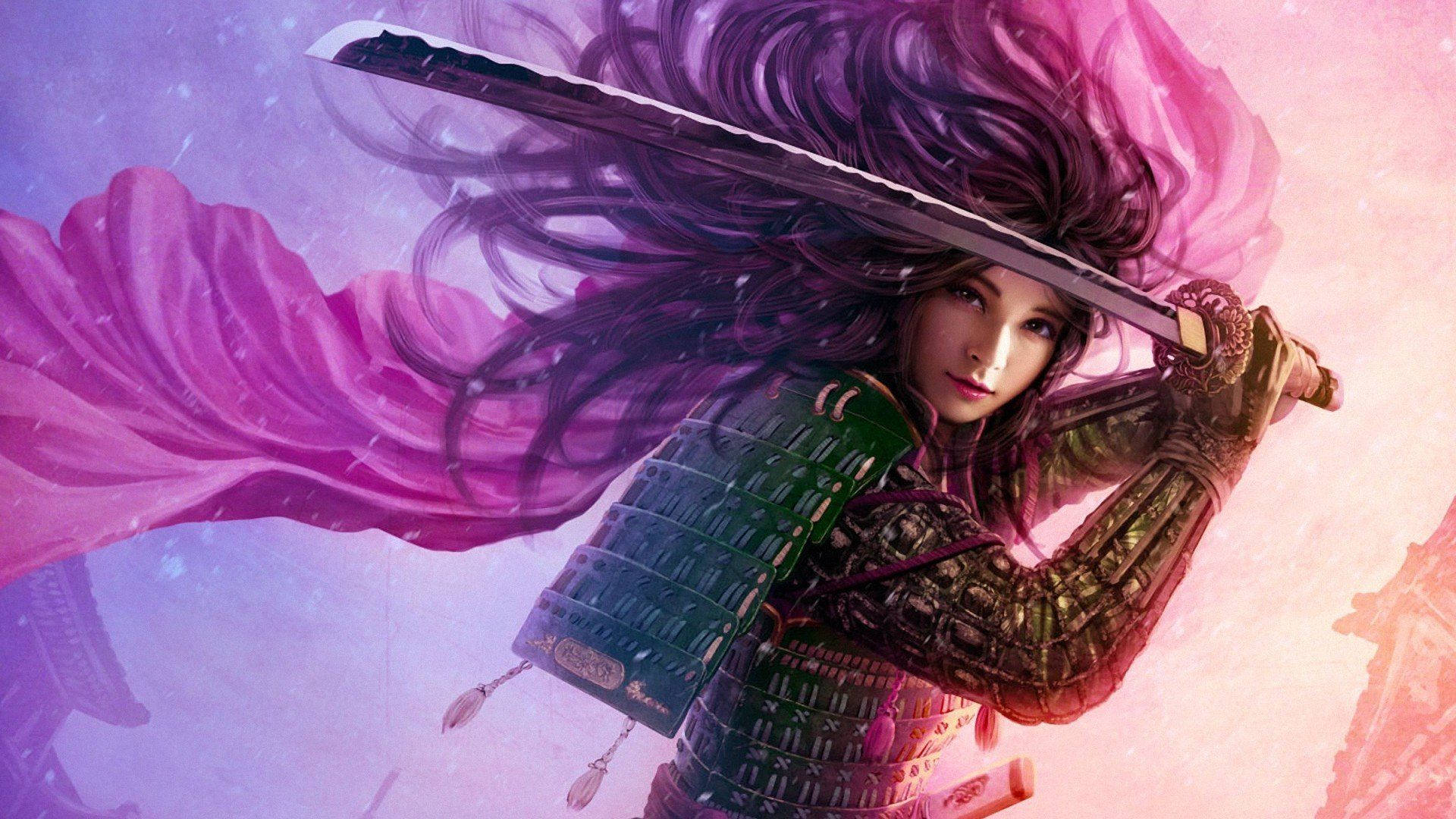 Woman 桌布 壁紙 — 一位兇猛的女武士，飄逸的紫色頭髮，在夢幻般的粉紅和紫色天空下揮舞著劍。