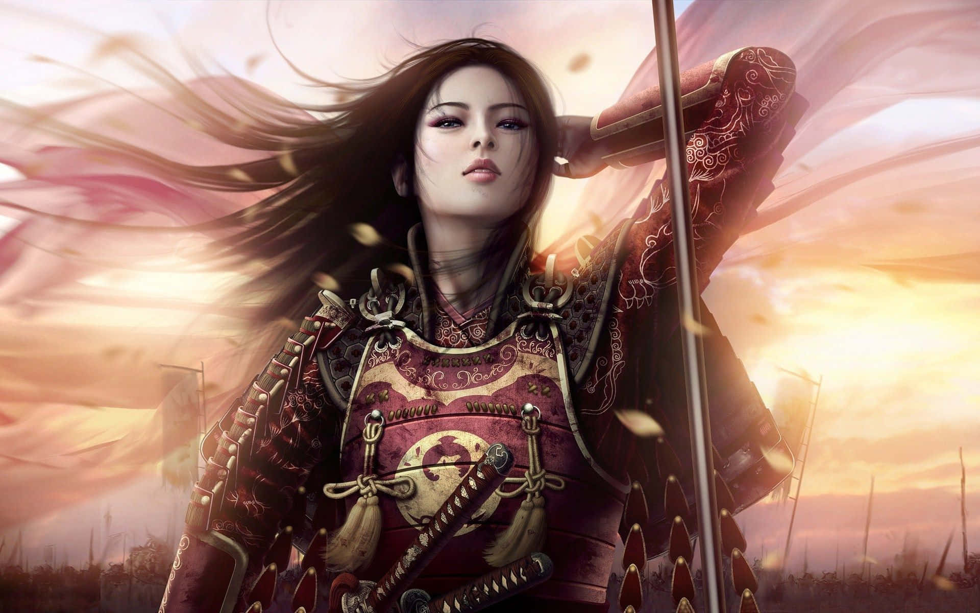 Japanese Women 桌布 壁紙 — 一位兇猛的女武士穿著華麗的紅色盔甲，手持劍，面對著熾熱的夕陽戰場。