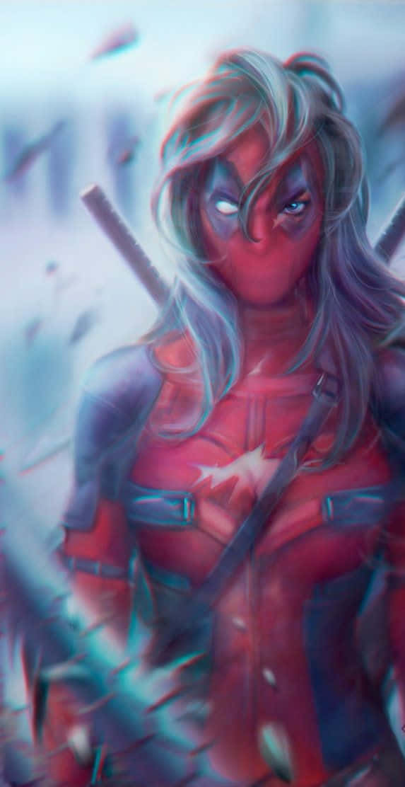 Lady Deadpool 桌布 壁紙 — 一位兇猛的女死侍，戴著紅色面具，飄逸銀髮，在模糊的冰雪背景下揮舞雙刀。