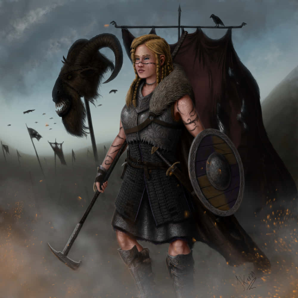 Female Viking Warriors 桌布 壁紙 — 一位兇猛的女維京戰士手持斧頭、盾牌和帶角頭盔，站在風暴肆虐的戰場上。