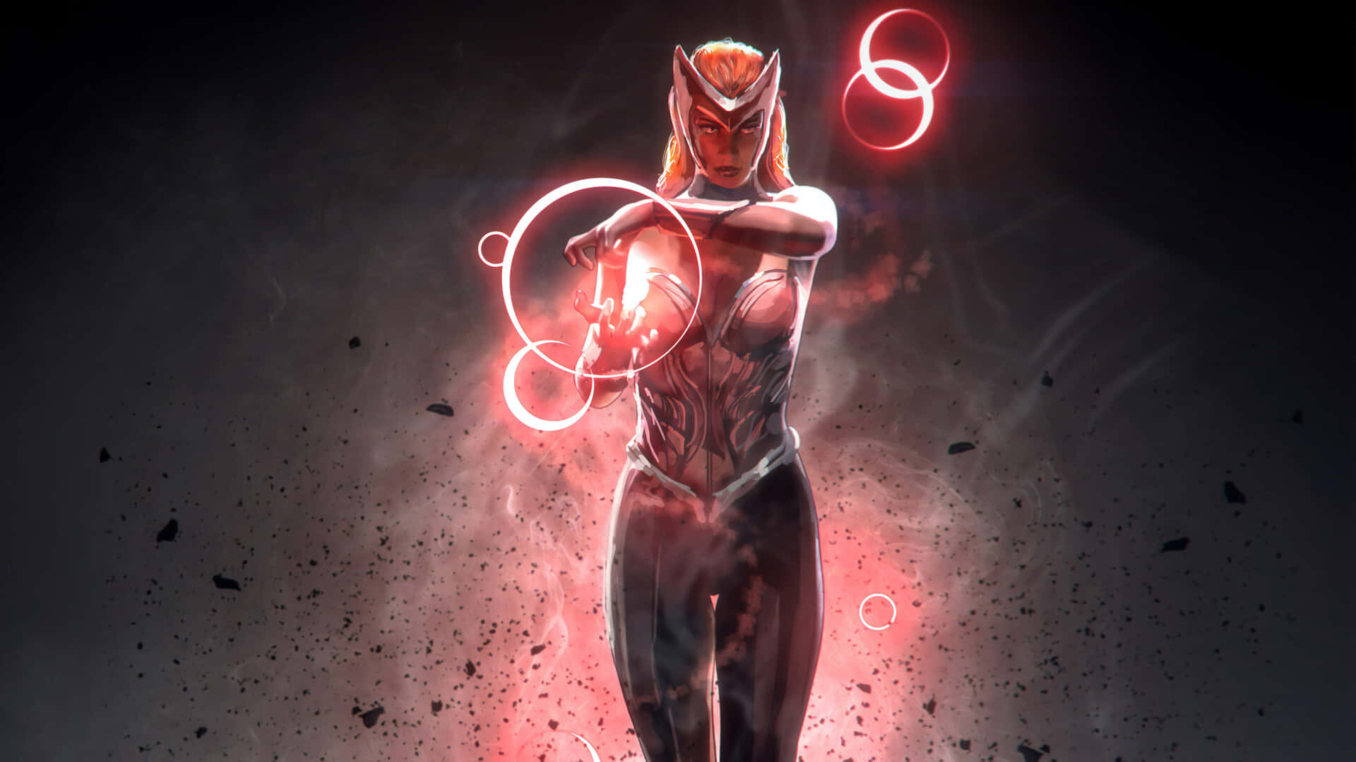 Scarlet Witch 桌布 壁紙 — 一位兇猛的女超級英雄，帶著發光的紅色光環，在漂浮的碎片和煙霧瀰漫的黑暗中盤旋。