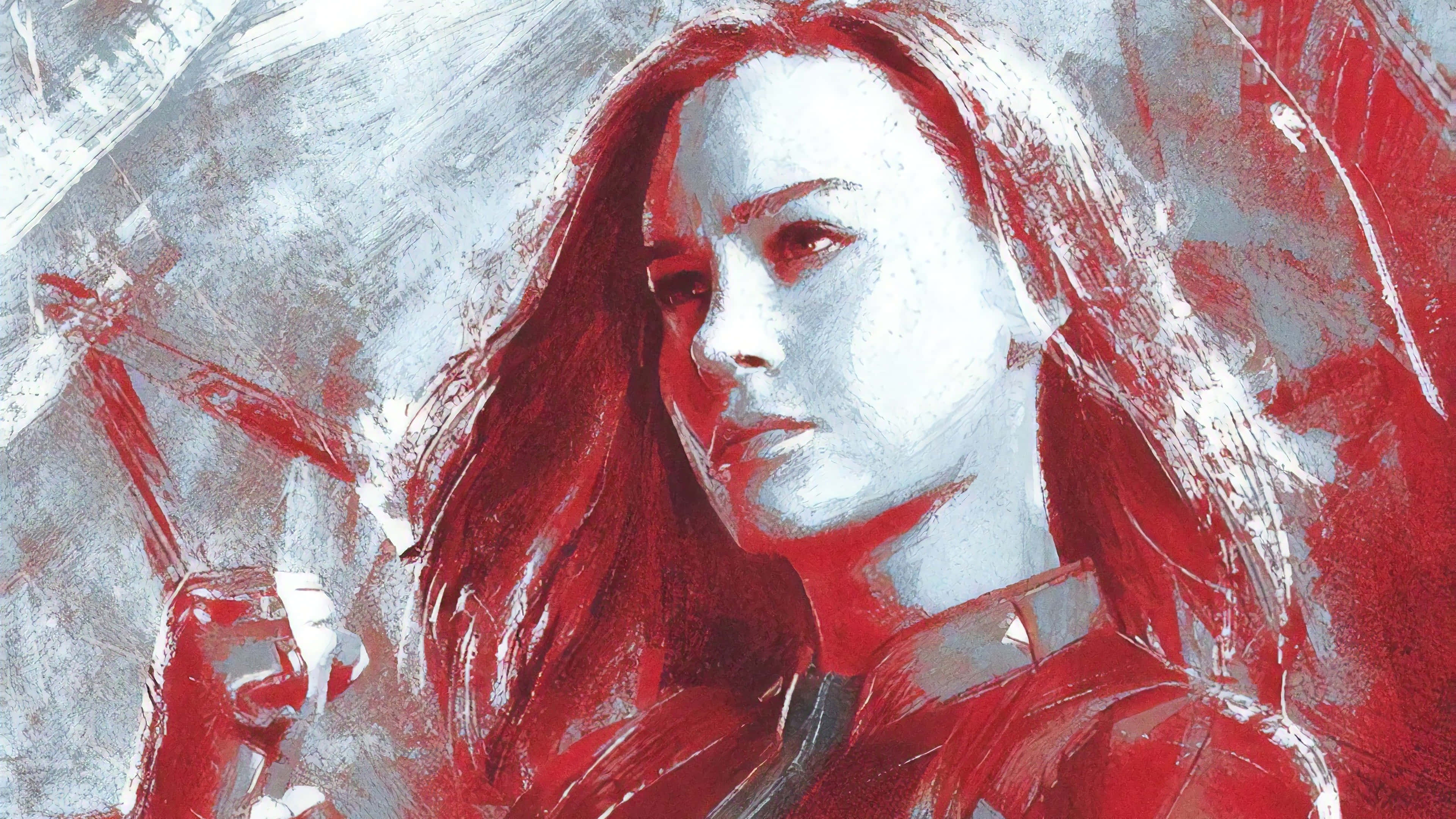 Captain Marvel 3d 桌布 壁紙 — 一位兇猛的女超級英雄，紅髮紅衣，在粗糙的城市背景下，帶有粗獷的筆觸紋理，凝視著前方。