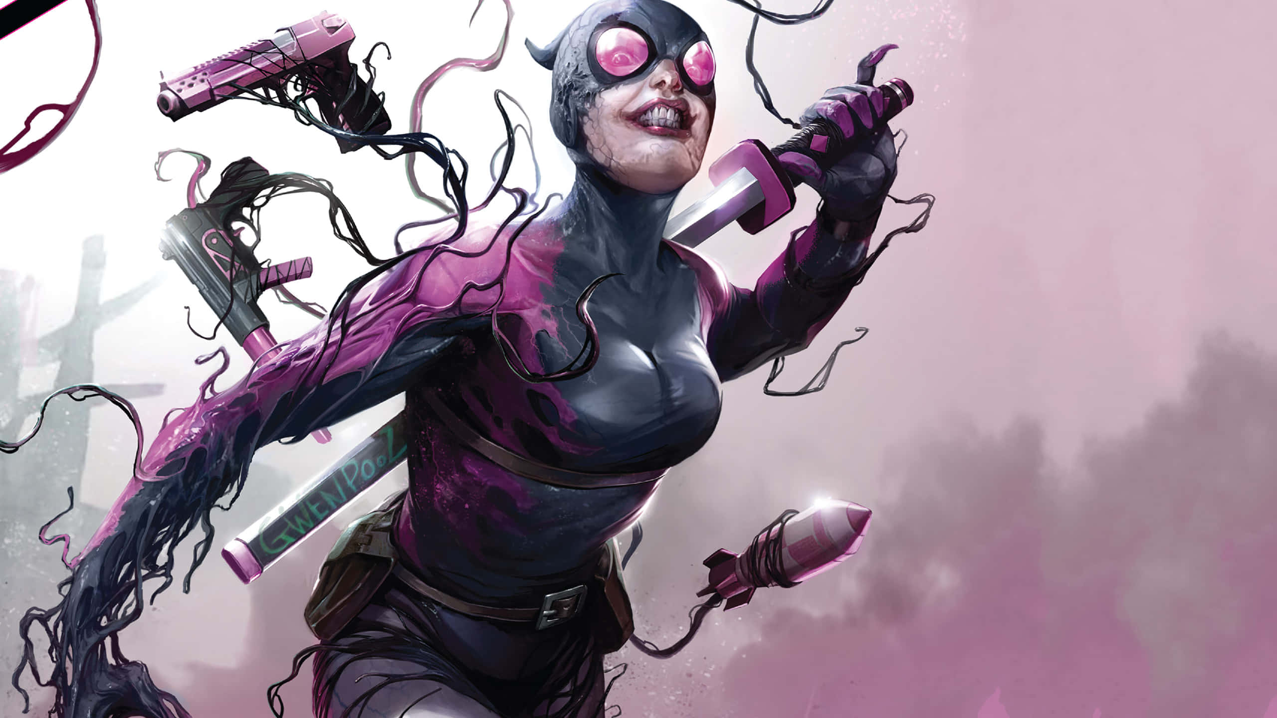 Venomverse 桌布 壁紙 — 一位兇猛的女超級英雄穿著黑色和粉紅色的套裝，揮舞武器，紫色的觸手從她身體爆發出來，背景是朦朧的粉紅色天空。