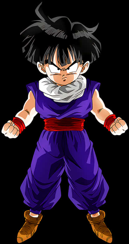 Anime Character 桌布 壁紙 — 一位兇猛的年輕動漫戰士，身穿紫色道服和紅色腰帶，握緊拳頭，在黑色背景前準備就緒。